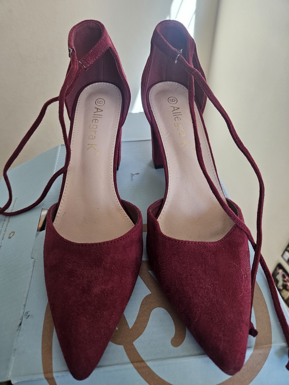 Allegra K Women's Wine Pointed-Toe Ankle Tie Block Heels